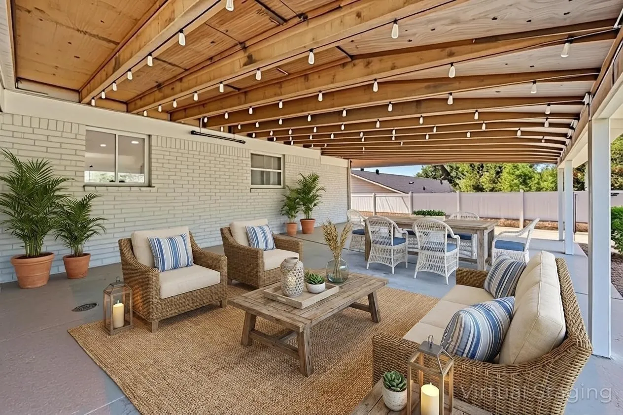Expansive covered patio featuring a wood beam ceiling, string lighting, and painted brick exterior walls
