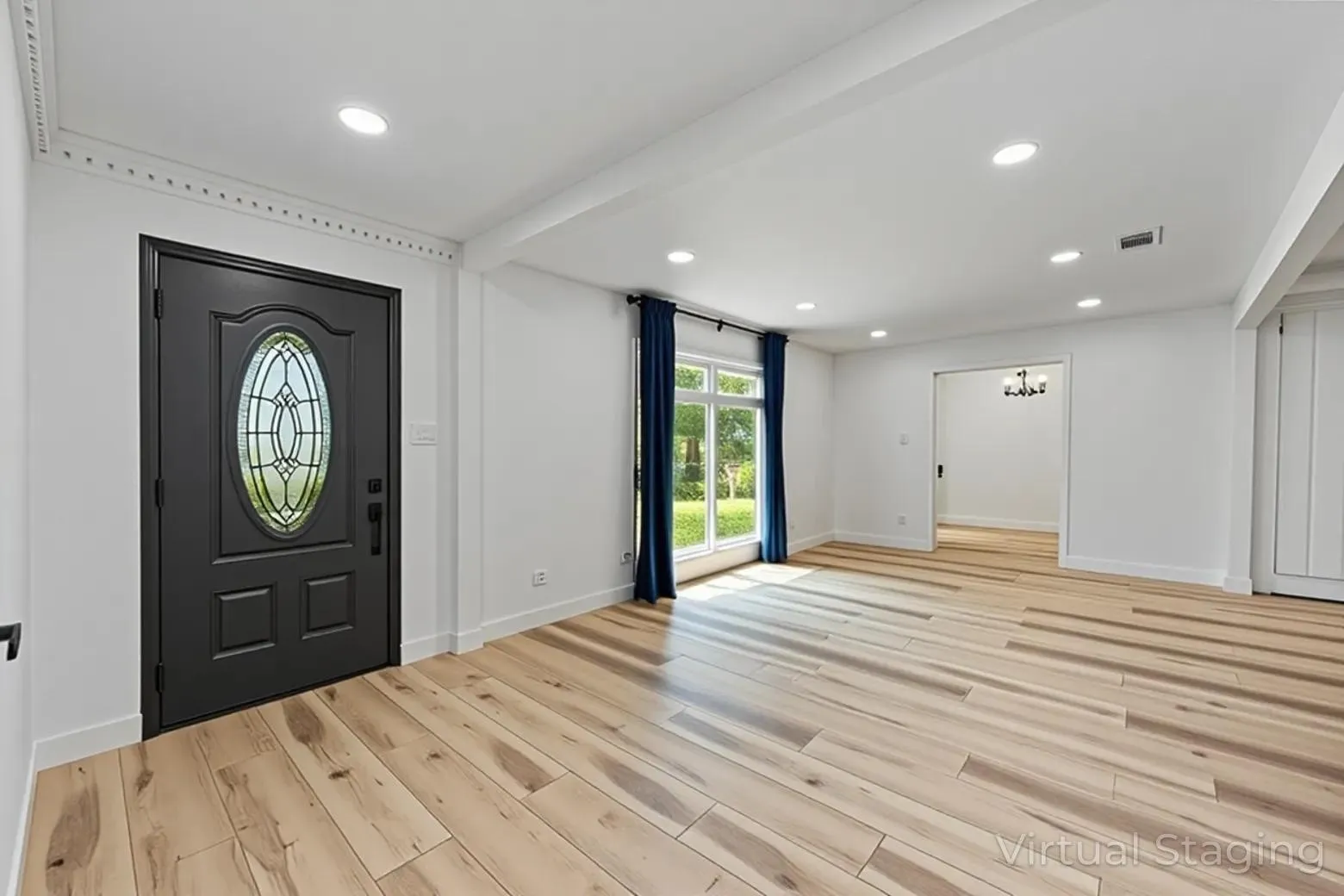Entry door with decorative glass insert, wood-finish flooring, recessed lighting, and crown molding