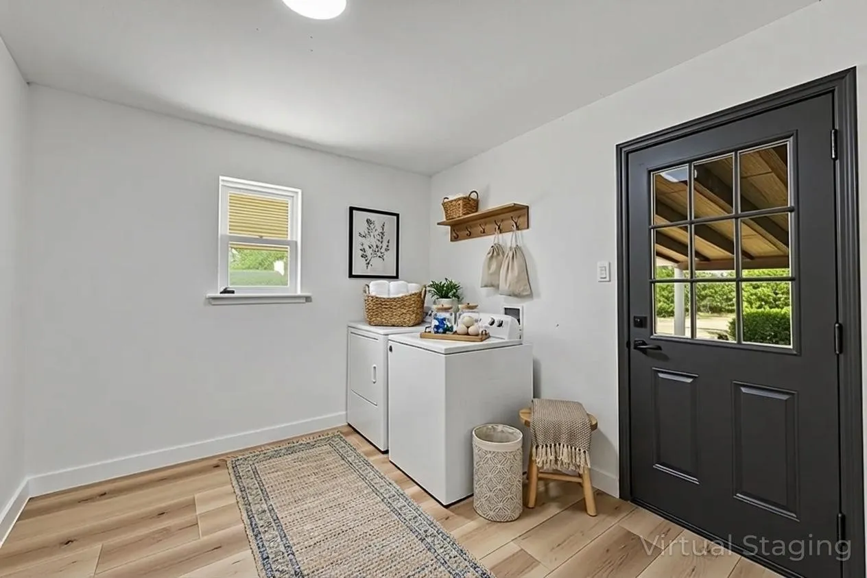 Wood-finish flooring, white walls, and a black paneled door with divided lites