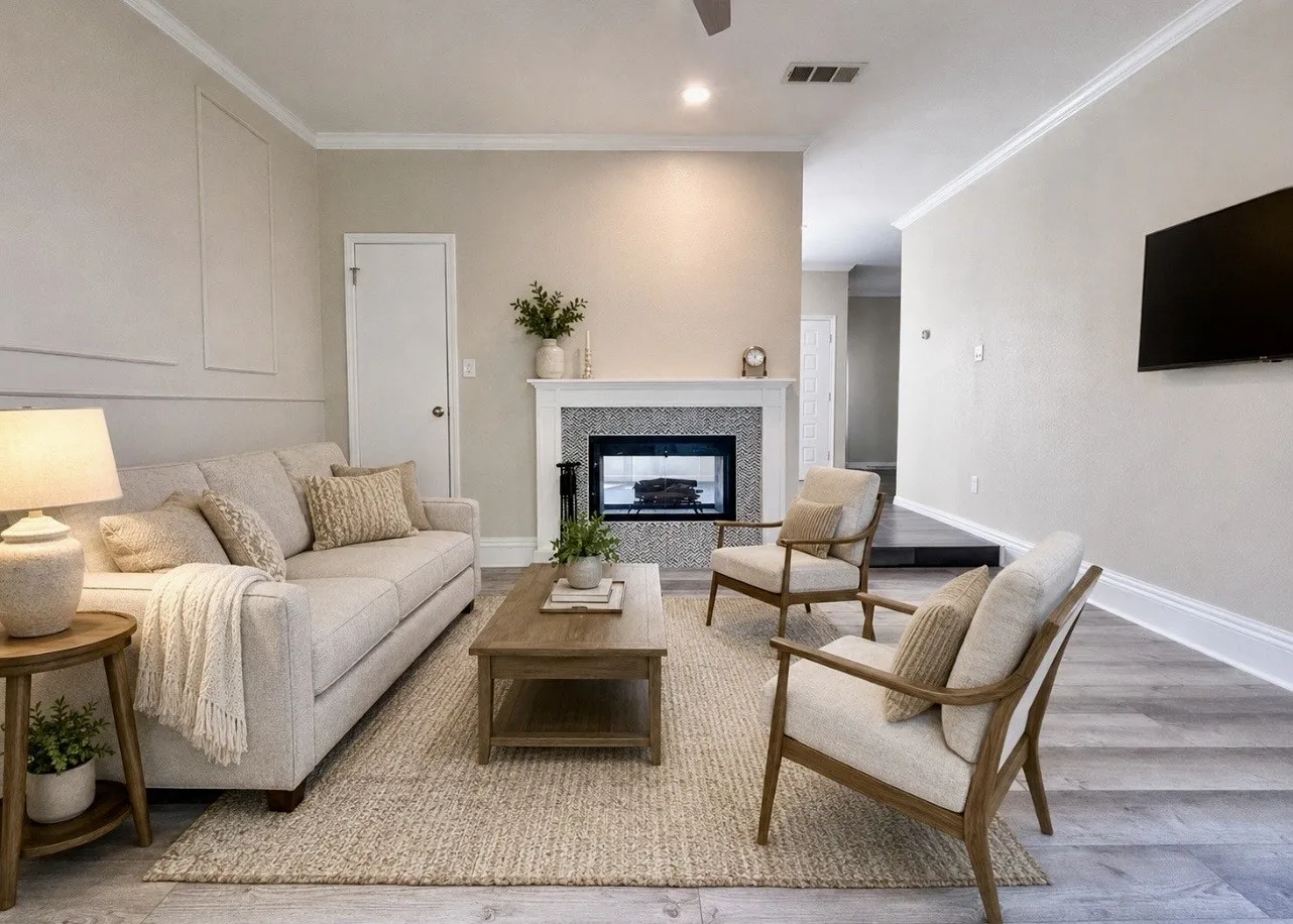 (Virtually Staged) The family room enjoys the double-sided fireplace as well as lots of natural light.