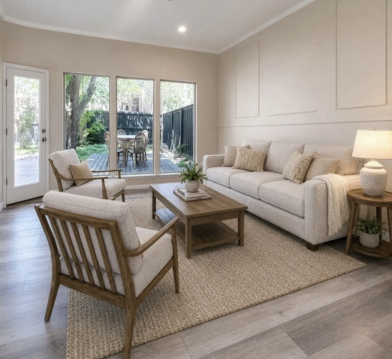 (Virtually staged) The family room enjoys plenty of natural light and updated flooring.  Enjoy entertaining friends on the outdoor patio!