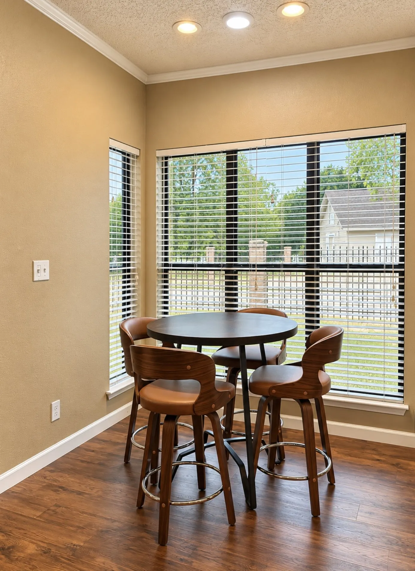 Wood-finish flooring, recessed lighting, crown molding, and multiple windows with blinds