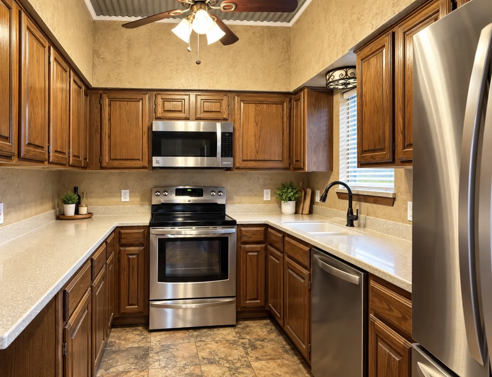 Kitchen featuring wood cabinetry, stainless steel appliances, light countertops, and a ceiling fan with integrated lighting