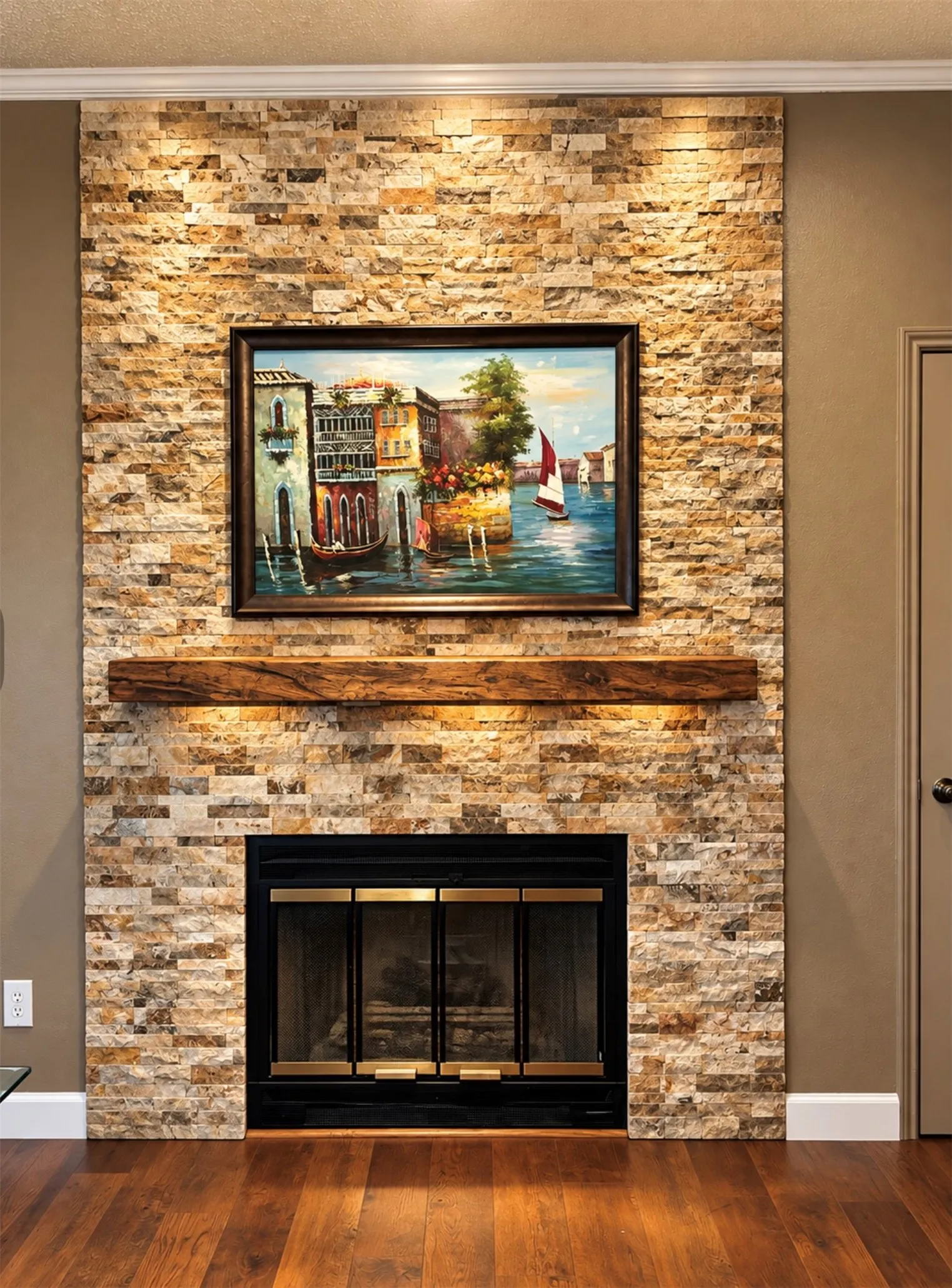 Stone veneer fireplace with a rustic wood mantel, integrated fireplace insert, and rich wood-finish flooring