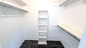 Walk-in closet featuring wood-finish flooring, built-in shelving, and metal hanging rods