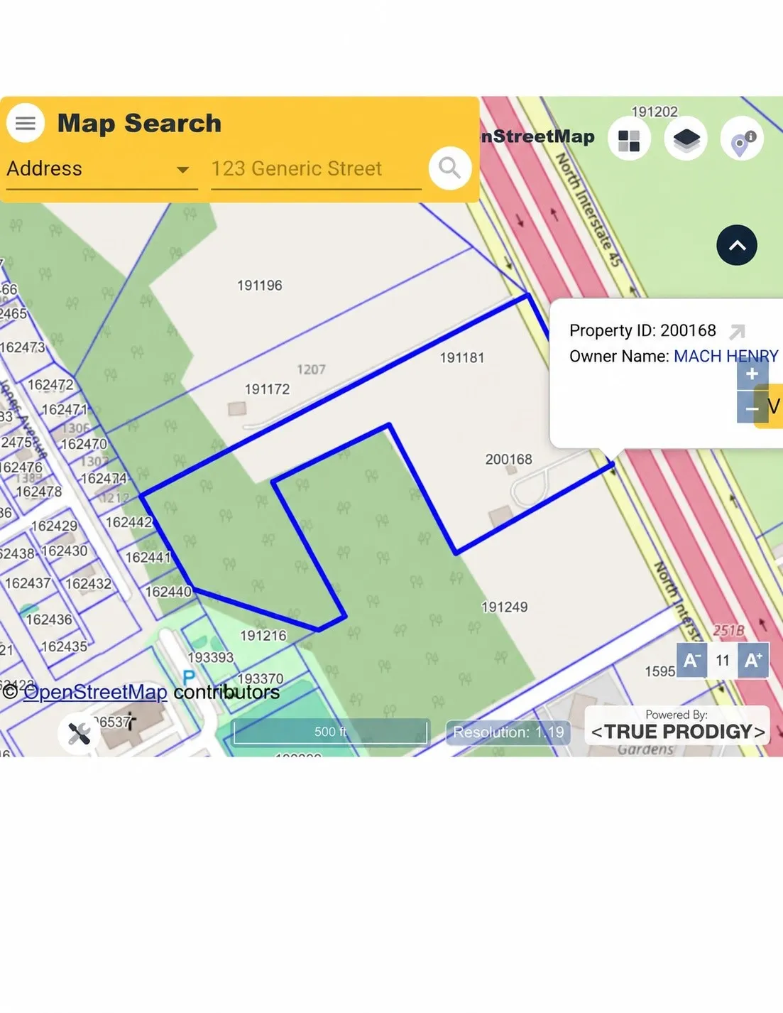 Property Map View. Displaying the property outline and associated parcel information including owner details