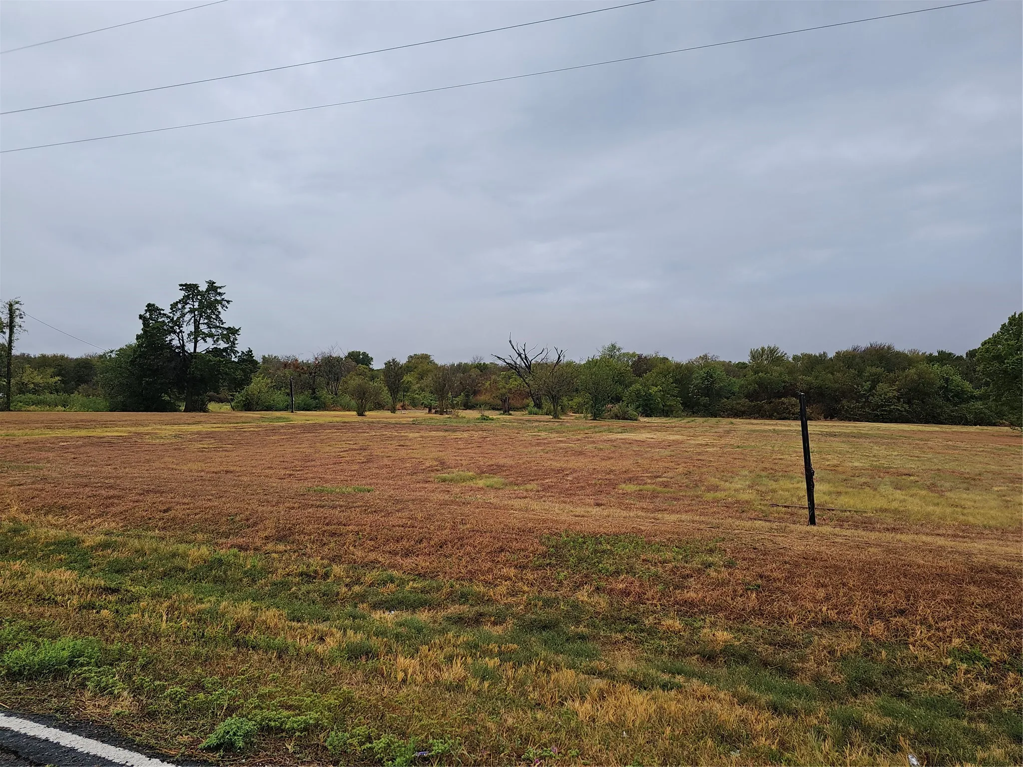 Expansive, undeveloped land with a distant tree line and overhead utility lines