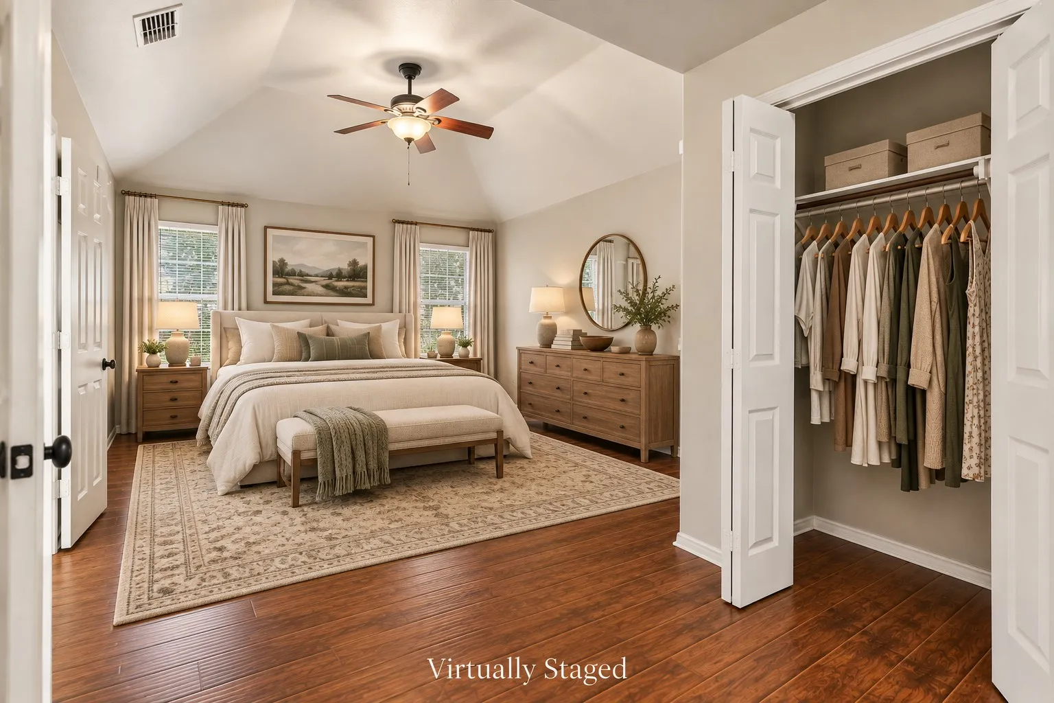 Virtually Staged The spacious primary suite includes a sitting area and THREE closets, while the primary bath offers separate vanities, a garden tub and separate shower.