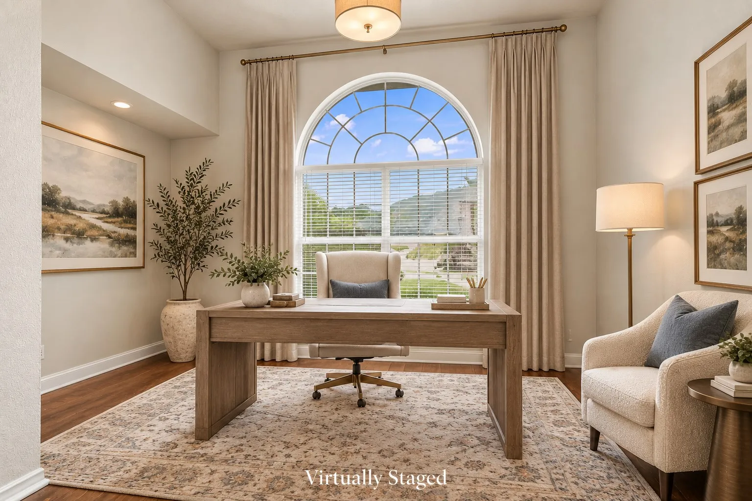 Virtually Staged Private office with large window and french doors