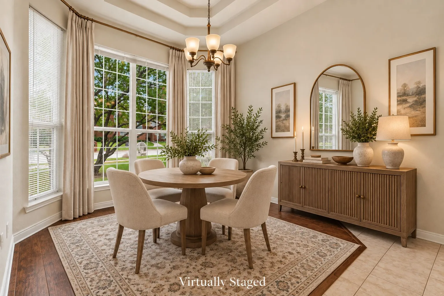 Virtually Staged The formal dining room adds an elegant touch with its three-tier tray ceiling, bay window and decorative lighting.