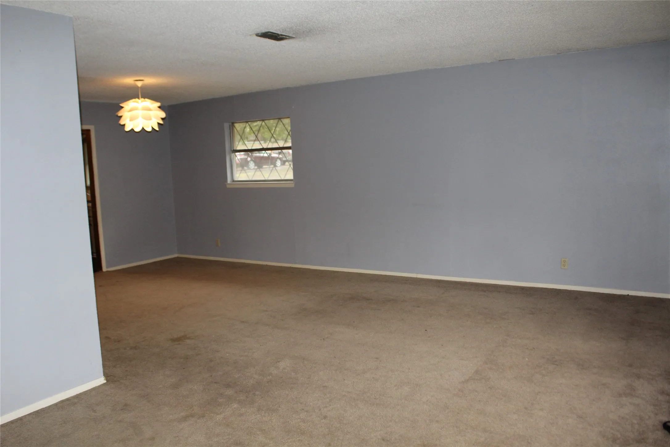 Wall-to-wall carpeting, light blue wall paint, and an overhead light fixture