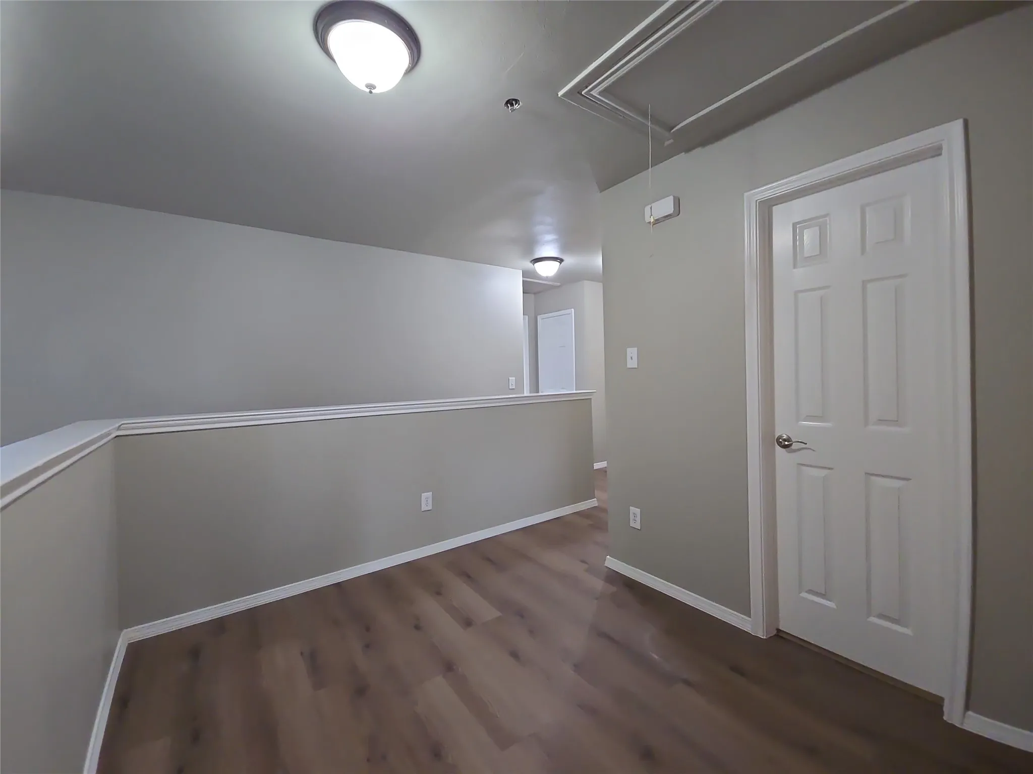 Wood-finish flooring, neutral wall tones, white trim, overhead flush-mount lighting, and a paneled interior door