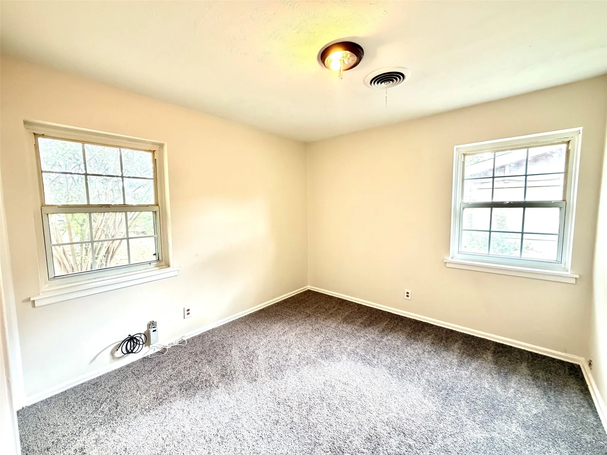 Neutral wall paint, two paneled windows, ceiling-mounted light fixture, and gray carpeting