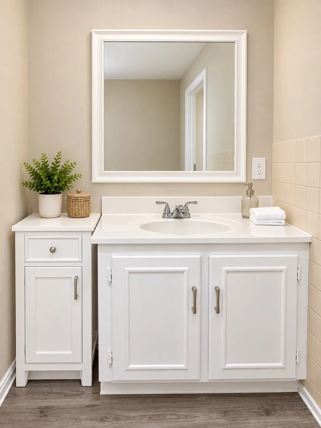 White vanity with an integrated sink, framed mirror, chrome faucet, and wood-finish flooring