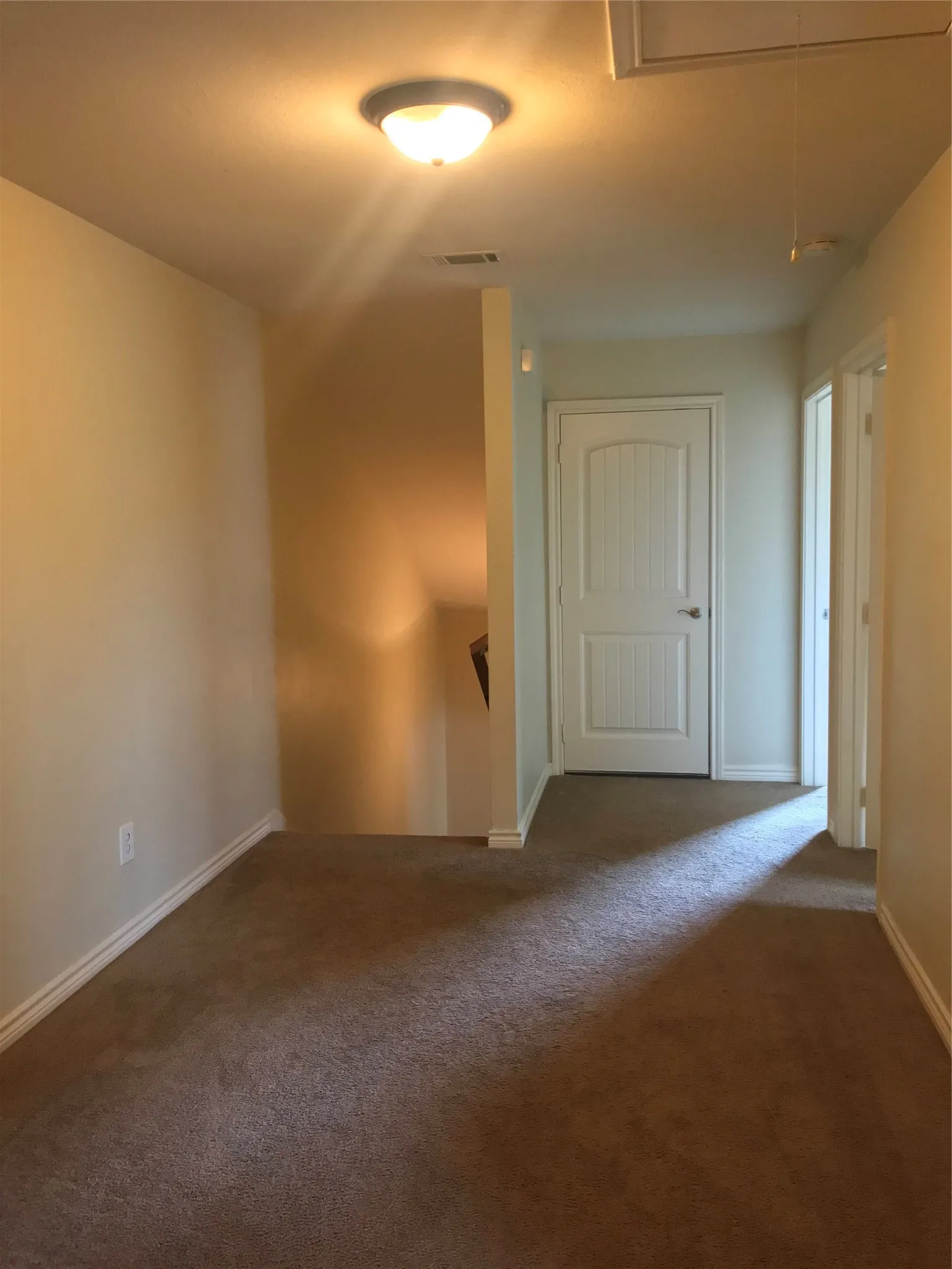 Wall-to-wall carpeting with light-toned wall finishes, overhead lighting, and a paneled door