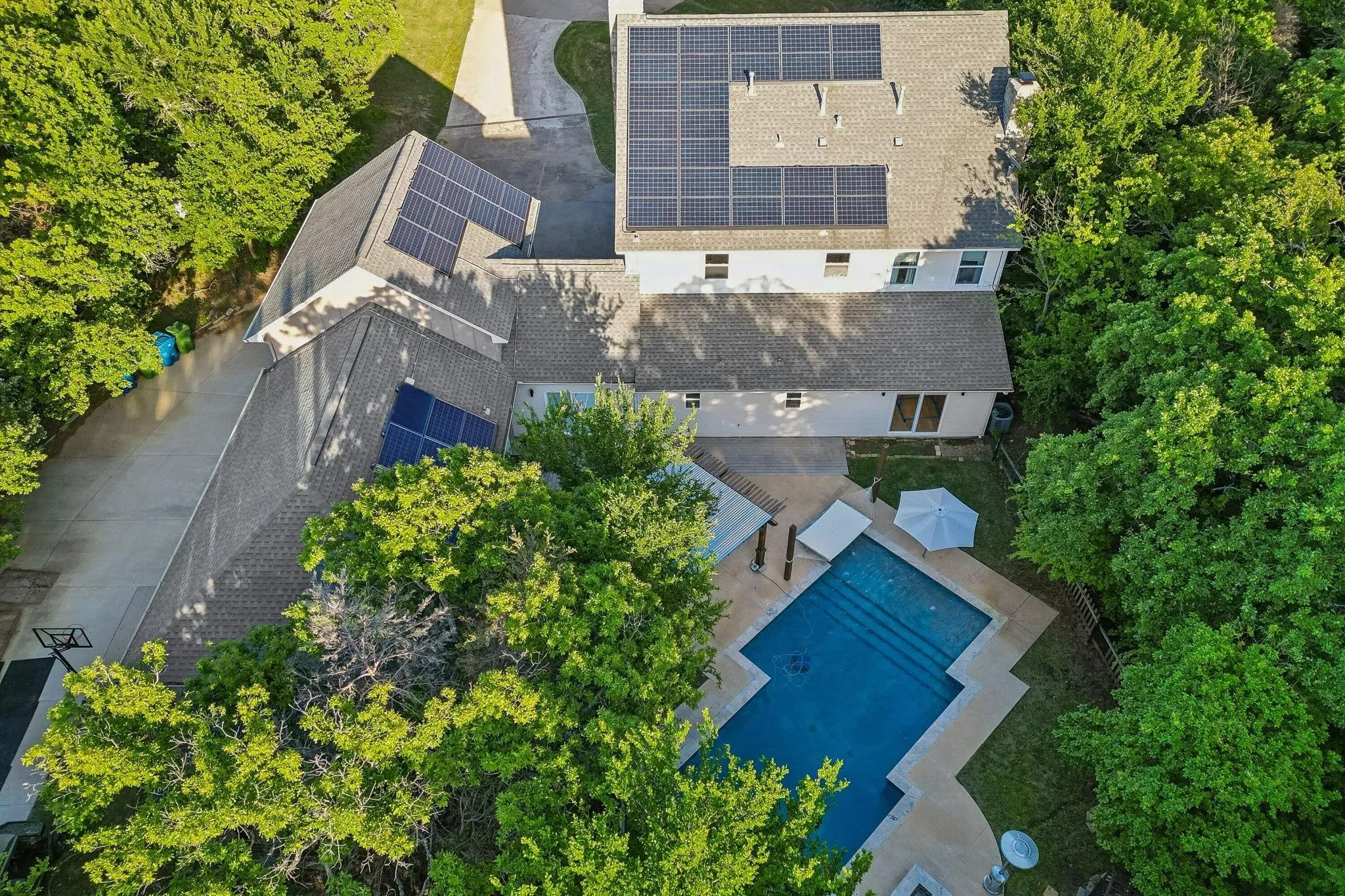 Sparkling swimming pool surrounded by mature trees, creating a private and peaceful backyard retreat.
