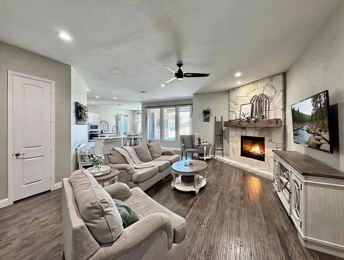 Stone fireplace surround with authentic 1800's wood mantel!