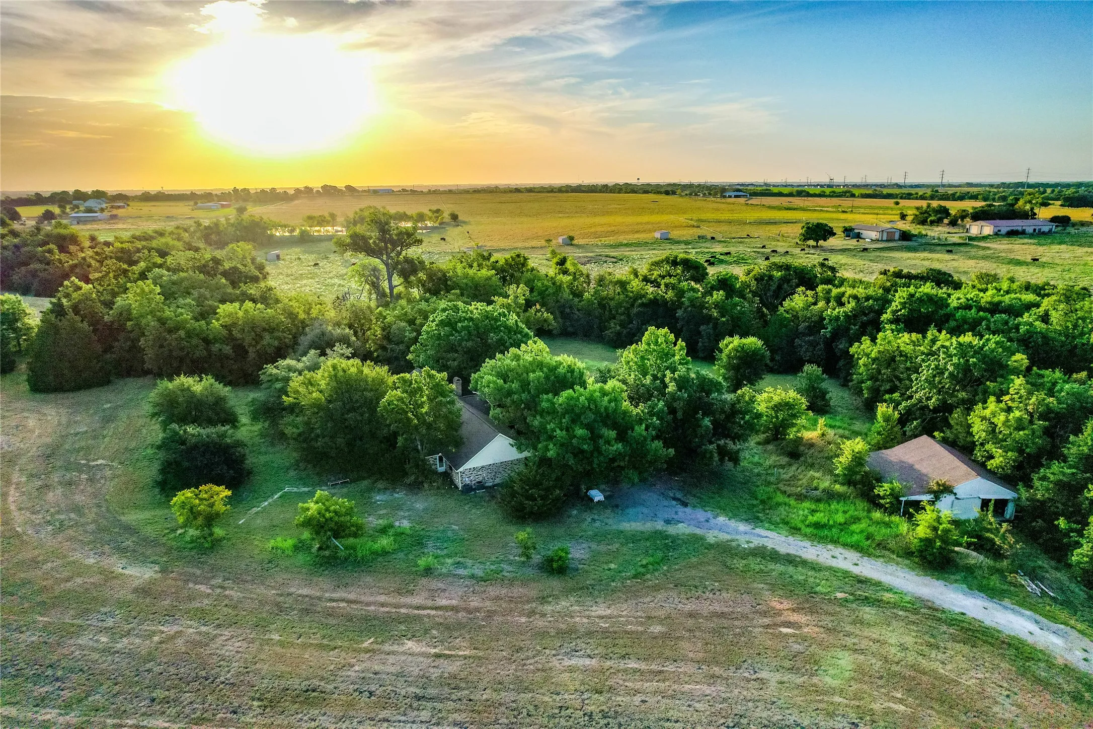 Expansive rural property with two single-story dwellings, surrounded by mature trees and natural landscaping