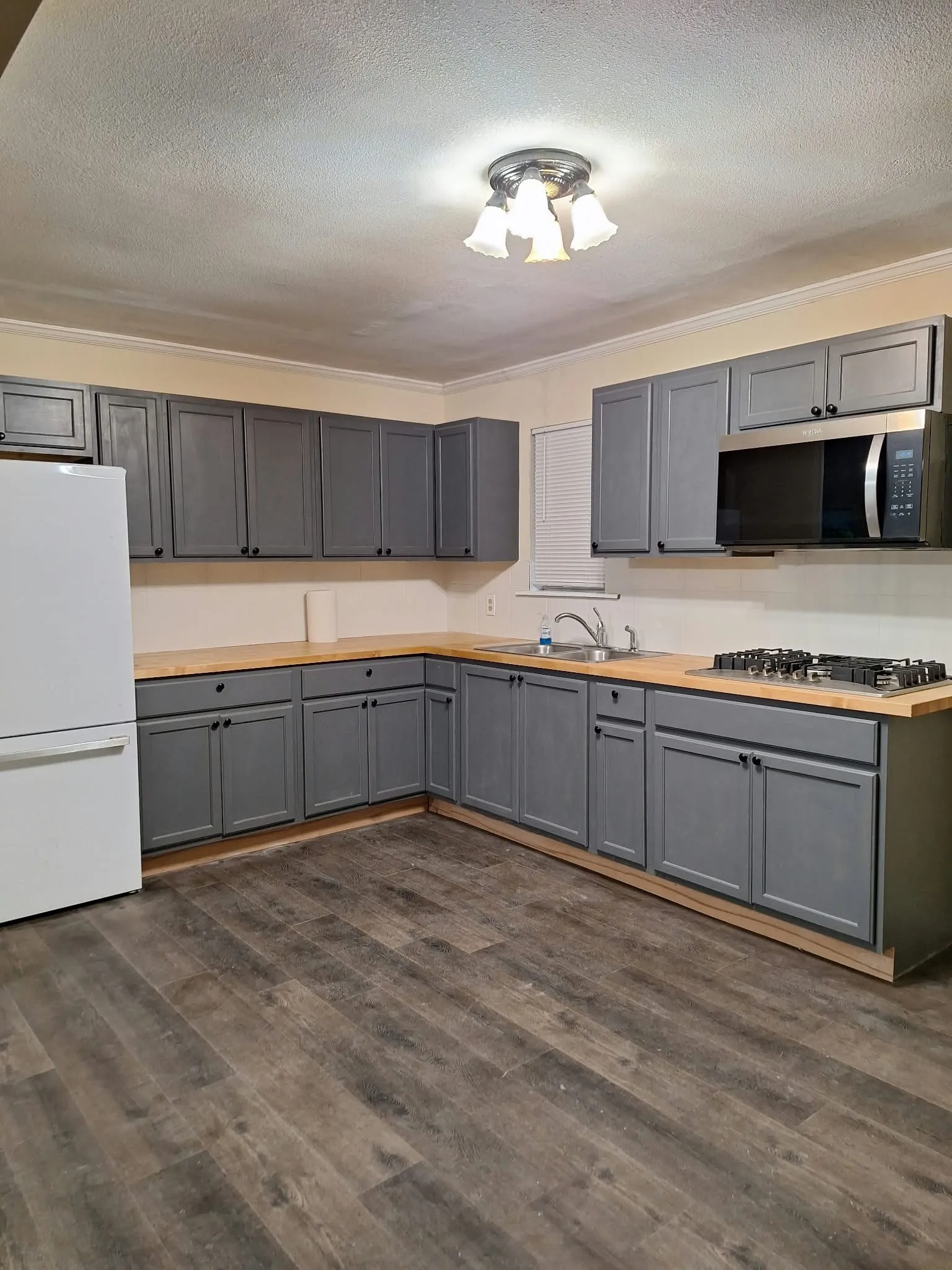 Kitchen featuring wood-finish flooring, gray cabinetry, wood-look countertops, and stainless steel appliances including an over-the-range microwave