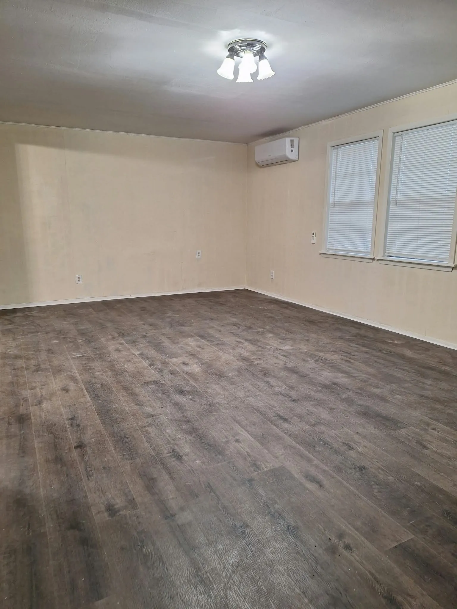 Wood-finish flooring, two windows with blinds, ceiling-mounted light fixture, and a wall-mounted air conditioning unit
