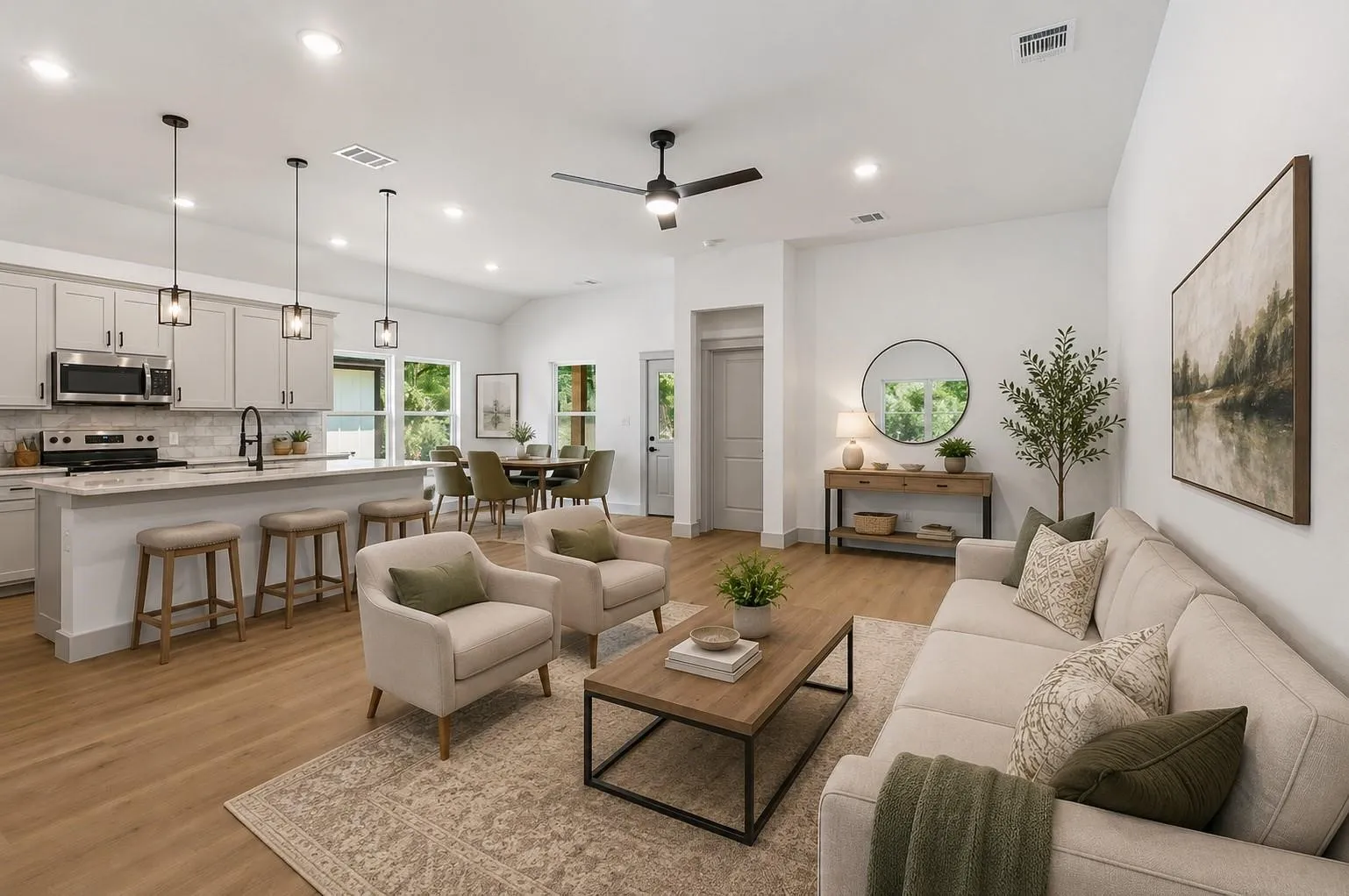 Virtual image Open-concept living space featuring wood-finish flooring, recessed lighting, and a vaulted ceiling