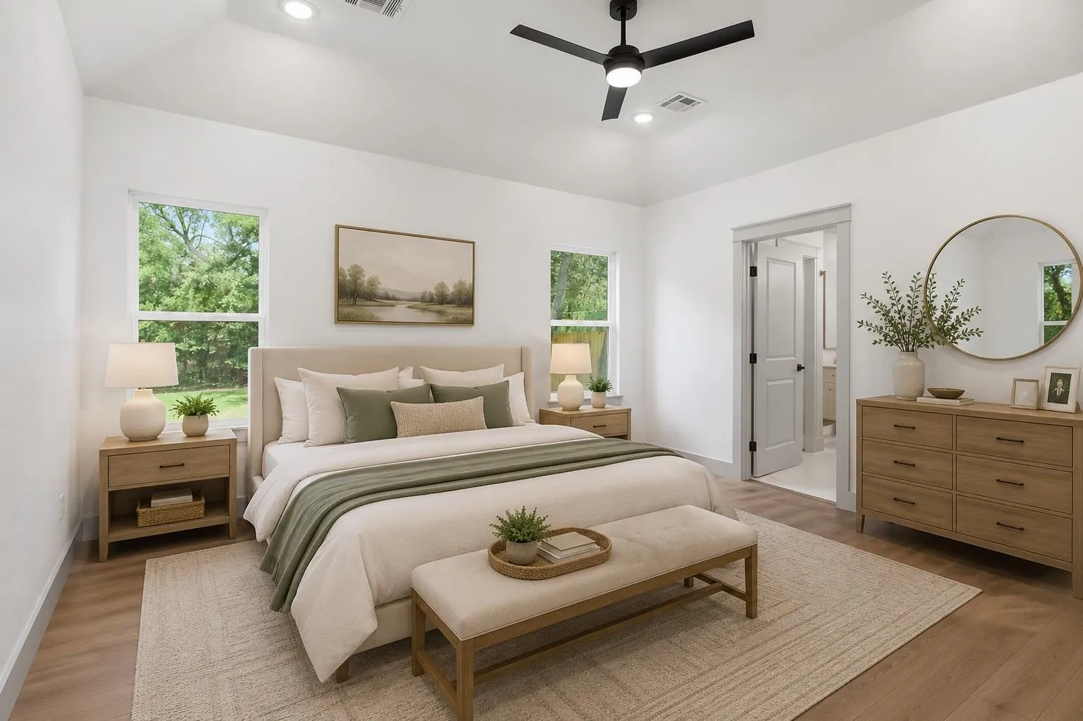 Virtual image Vaulted ceiling with recessed lighting and a ceiling fan