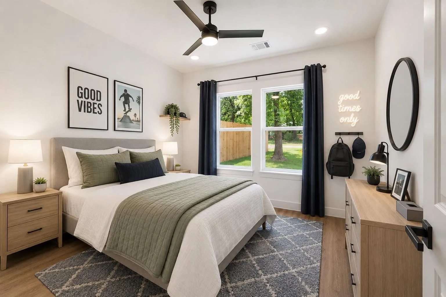 Virtual image Wood-finish flooring, dual windows, ceiling fan, and recessed lighting