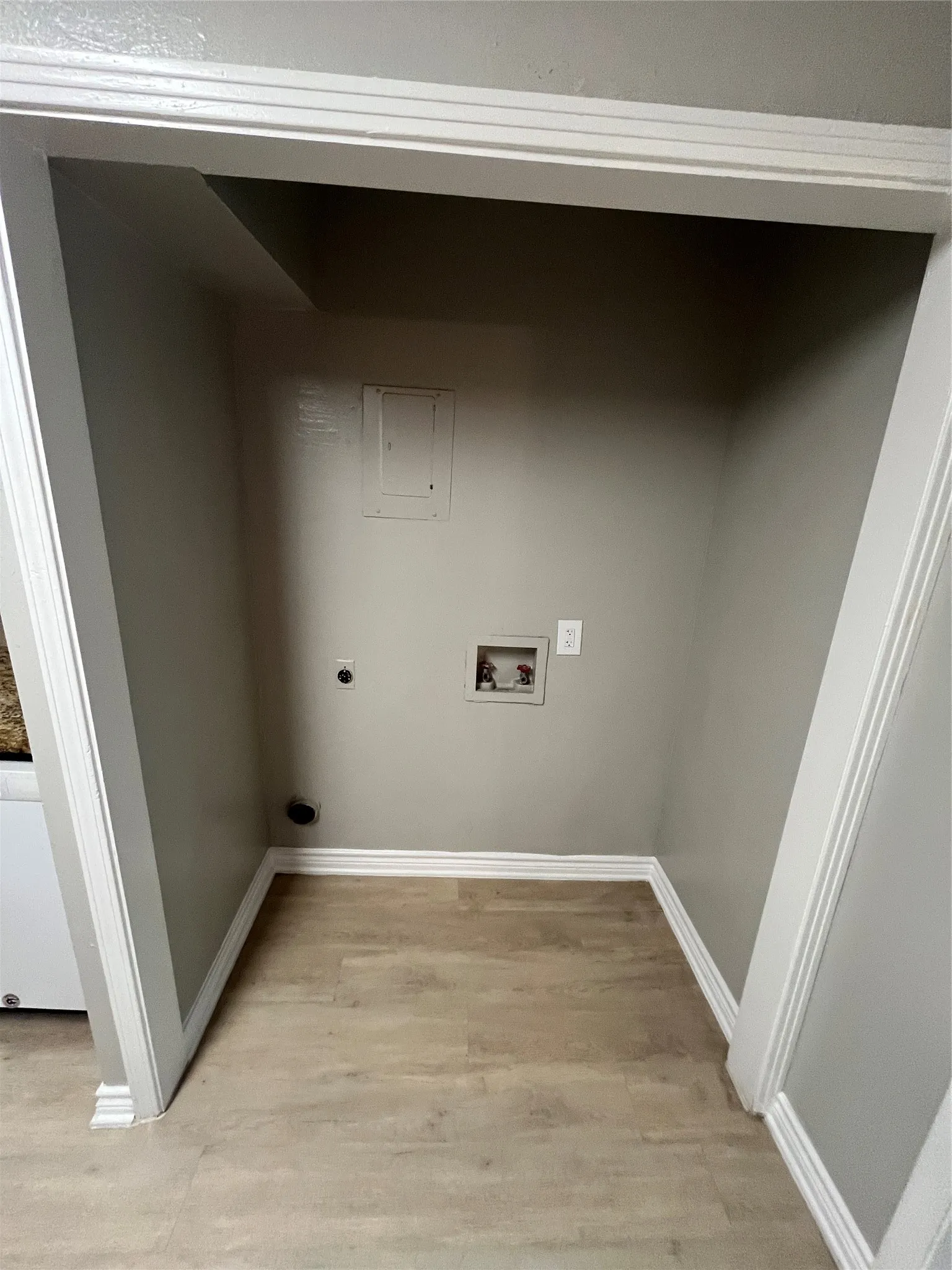 Laundry area with wood-finish flooring, light neutral wall paint, and white trim