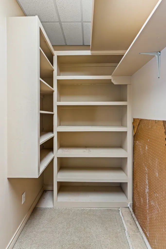 Built-in shelving units, wall-mounted shelving, acoustic tile ceiling, and neutral-toned carpeting