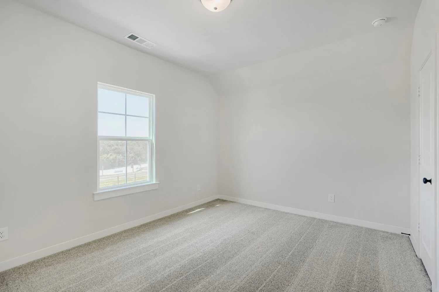 Light gray carpeting throughout, white walls, and a single window with white trim