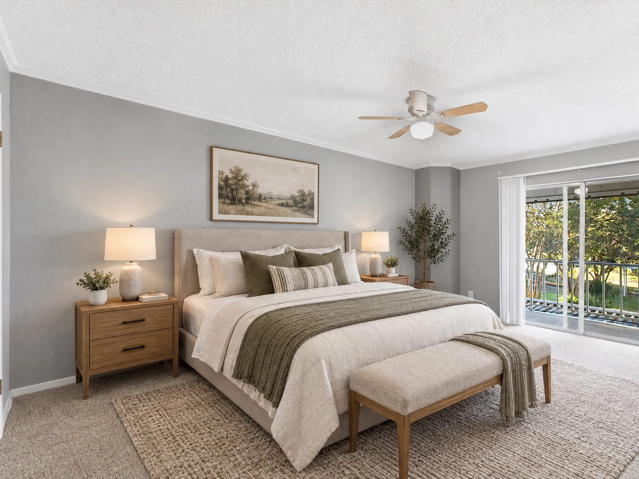 Recessed ceiling with crown molding, ceiling fan, and sliding glass door leading to an exterior balcony
