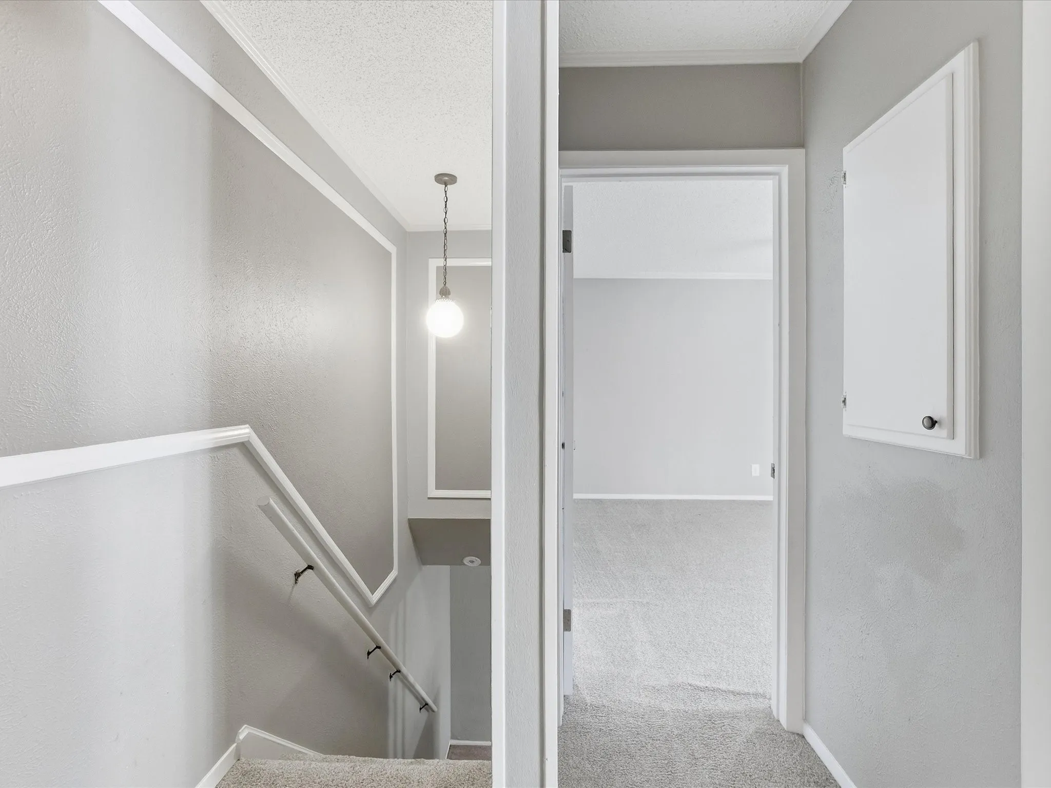 Carpeted stairs with white handrails