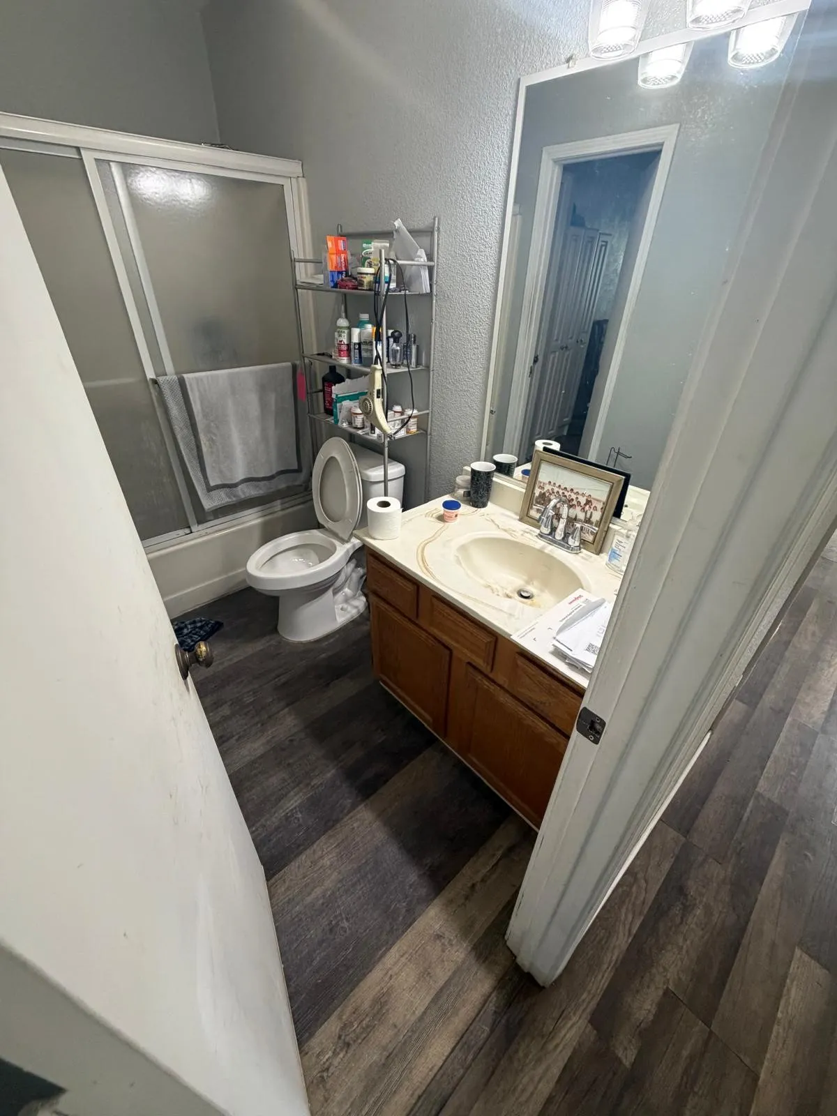 Bathroom featuring a built-in vanity with a sink, full-width mirror, and wood-finish flooring