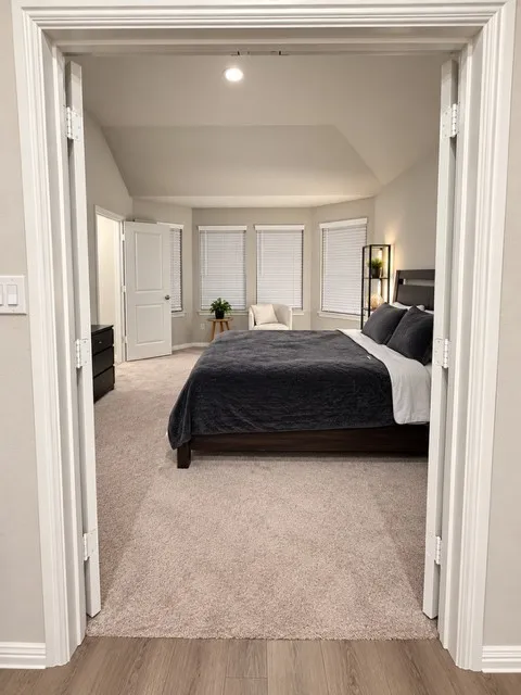 Carpeted room with a tray ceiling and a bay window featuring multiple windows