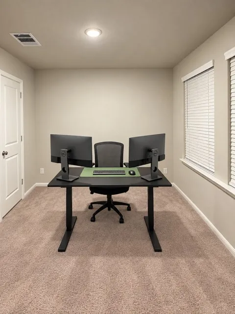 Neutral wall paint, recessed ceiling lighting, carpet flooring, and two windows with blinds