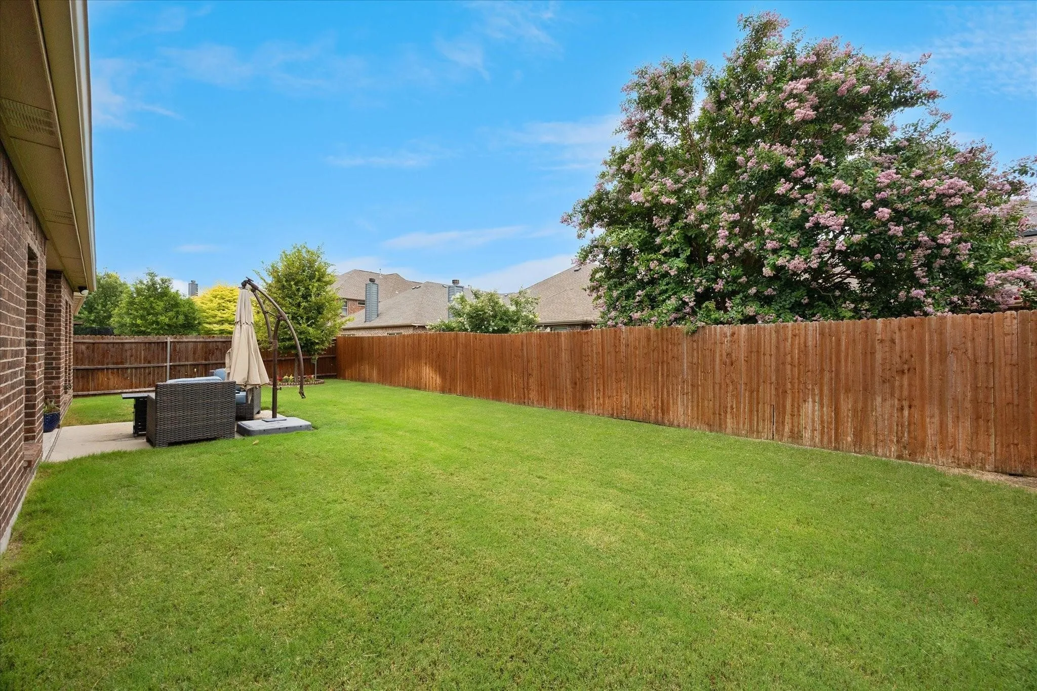 Expansive green lawn with a brown wood privacy fence and a flowering tree