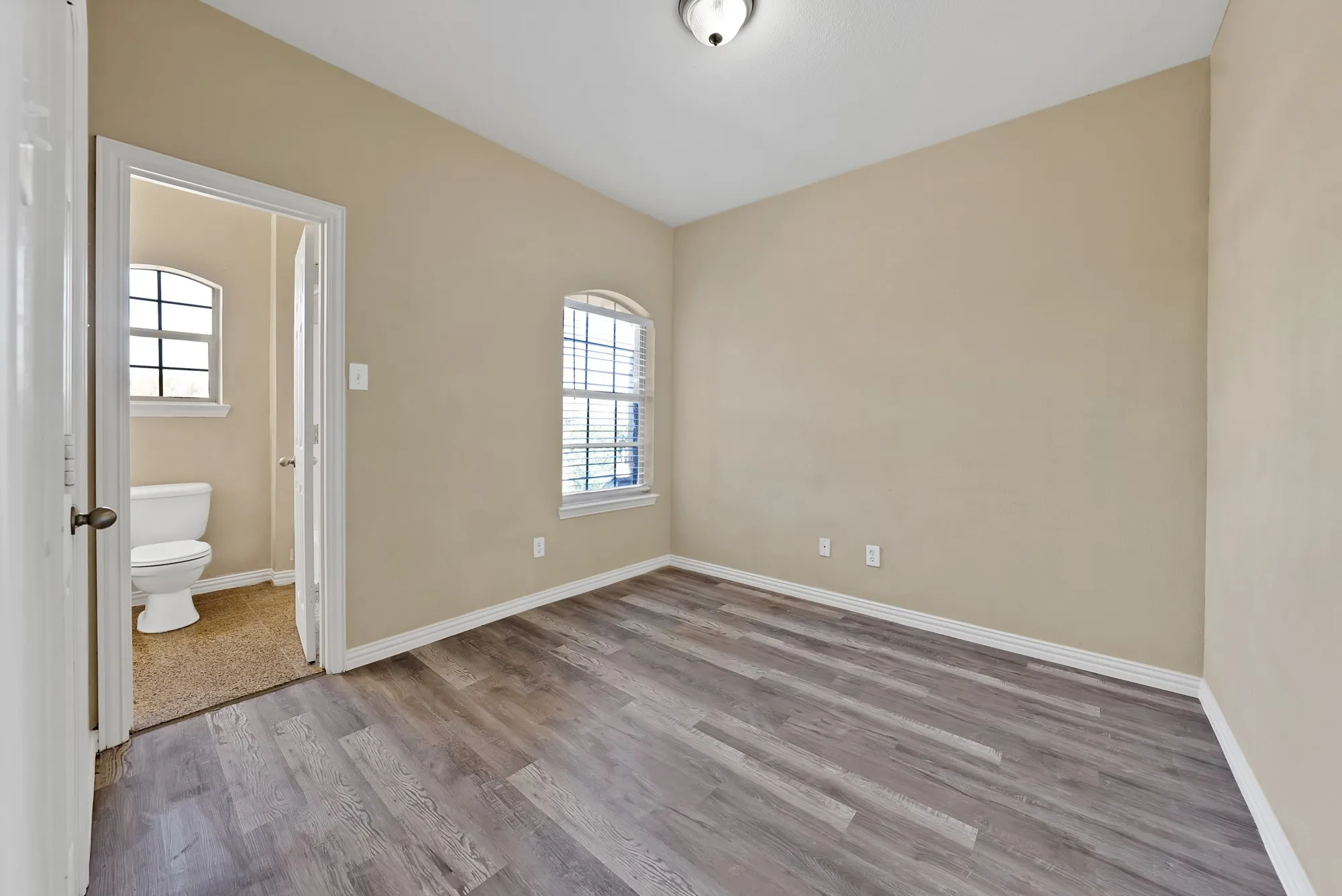 Bedroom: Arched window, wood-look flooring, and ceiling light. Direct access to an adjoining bathroom.