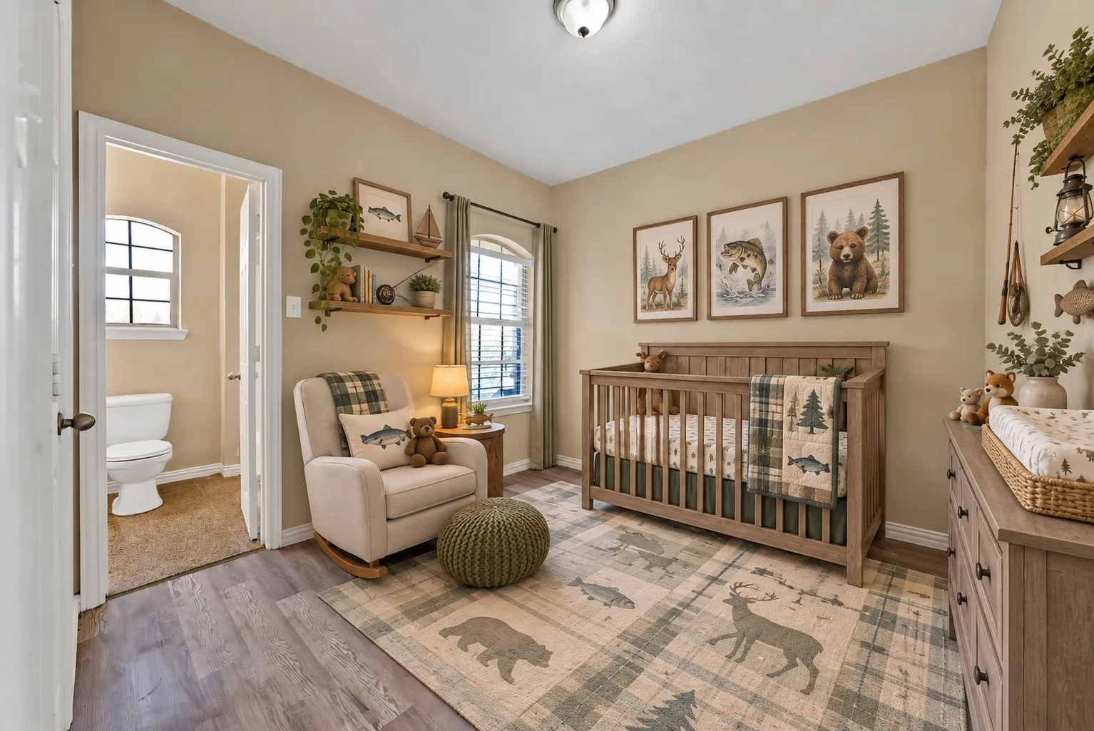Bedroom: Arched window, wood-look flooring, and ceiling light. Direct access to an adjoining bathroom. virtually staged