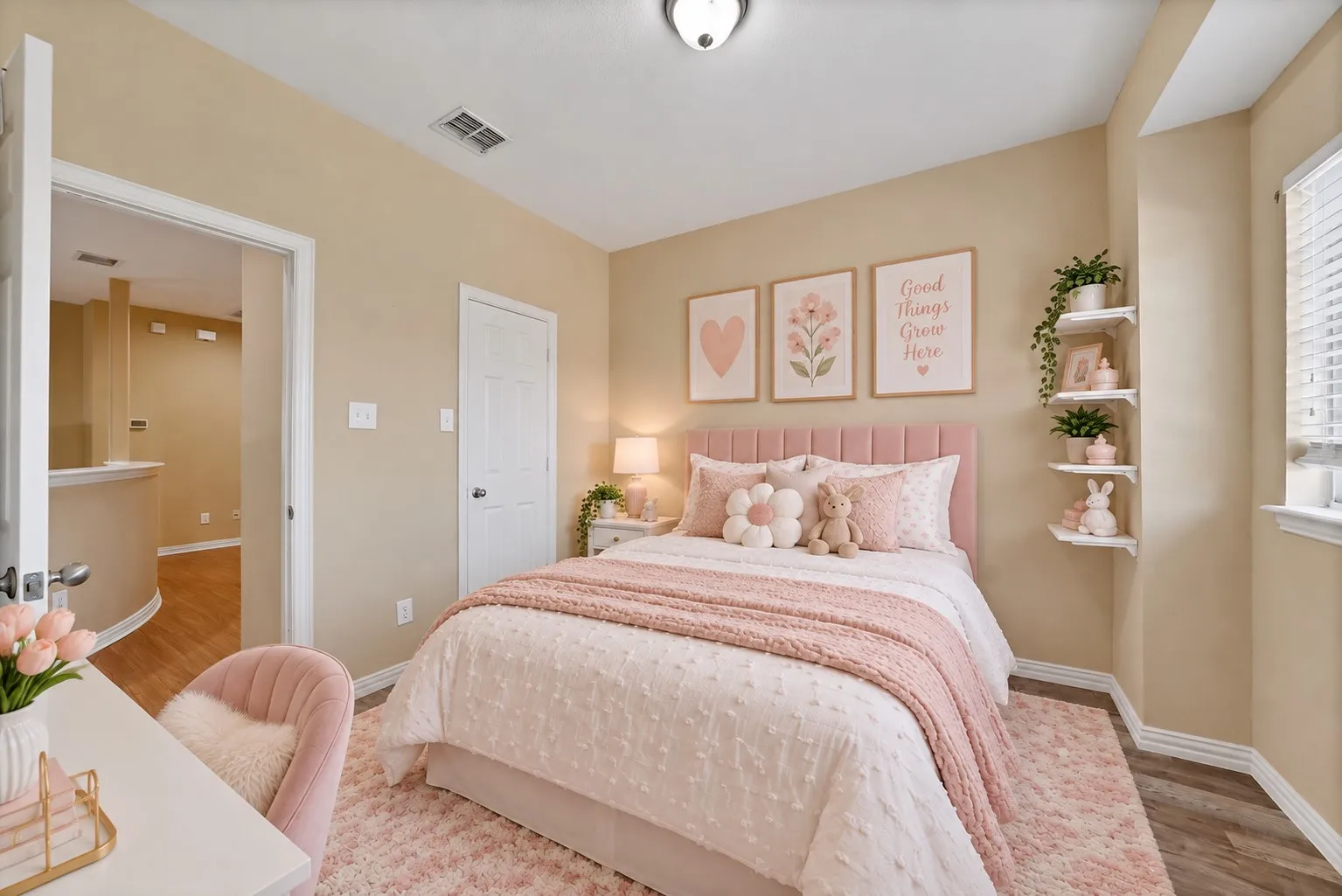 Bedroom: Large window with blinds, wood-look flooring, and ceiling light. virtually staged