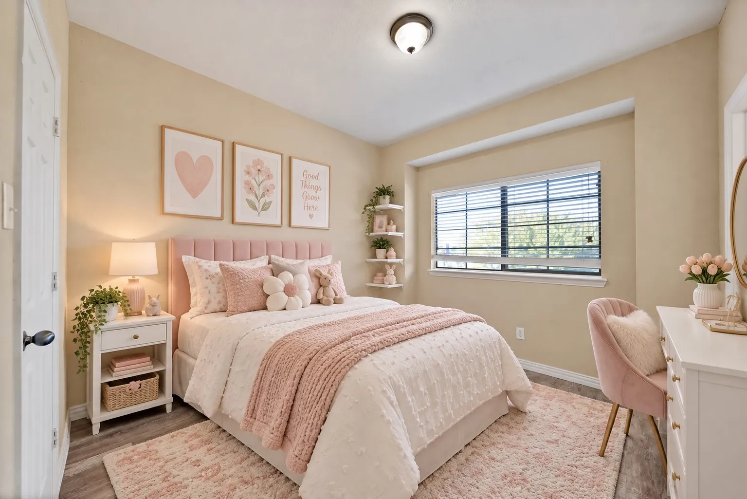 Bedroom: Wood-look flooring, ceiling light, and closet. Doorway opens to the upstairs landing and overlook. virtually staged