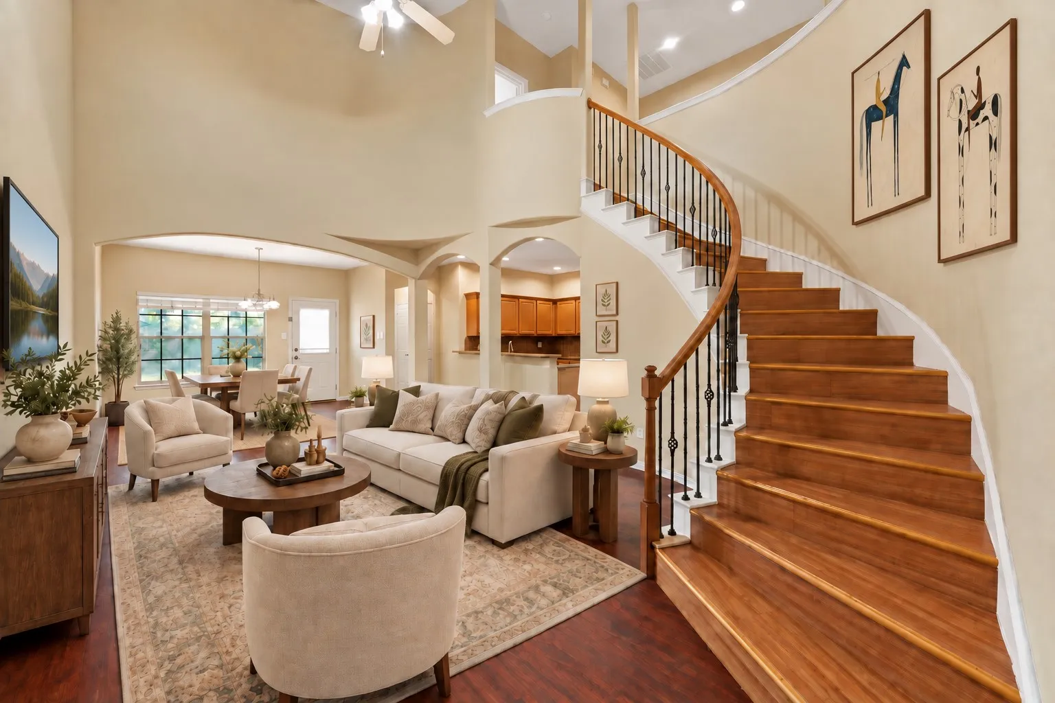 Living room: Two-story ceiling with ceiling fan and a curved staircase with wood handrail and wrought iron balusters. Open to the dining area and kitchen. Virtually Staged