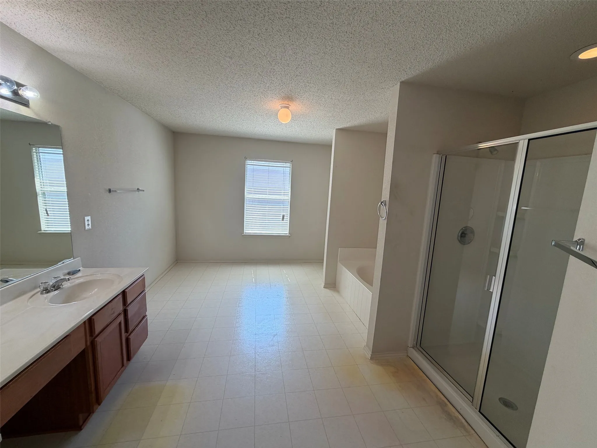 Primary bathroom with separate tub and shower.