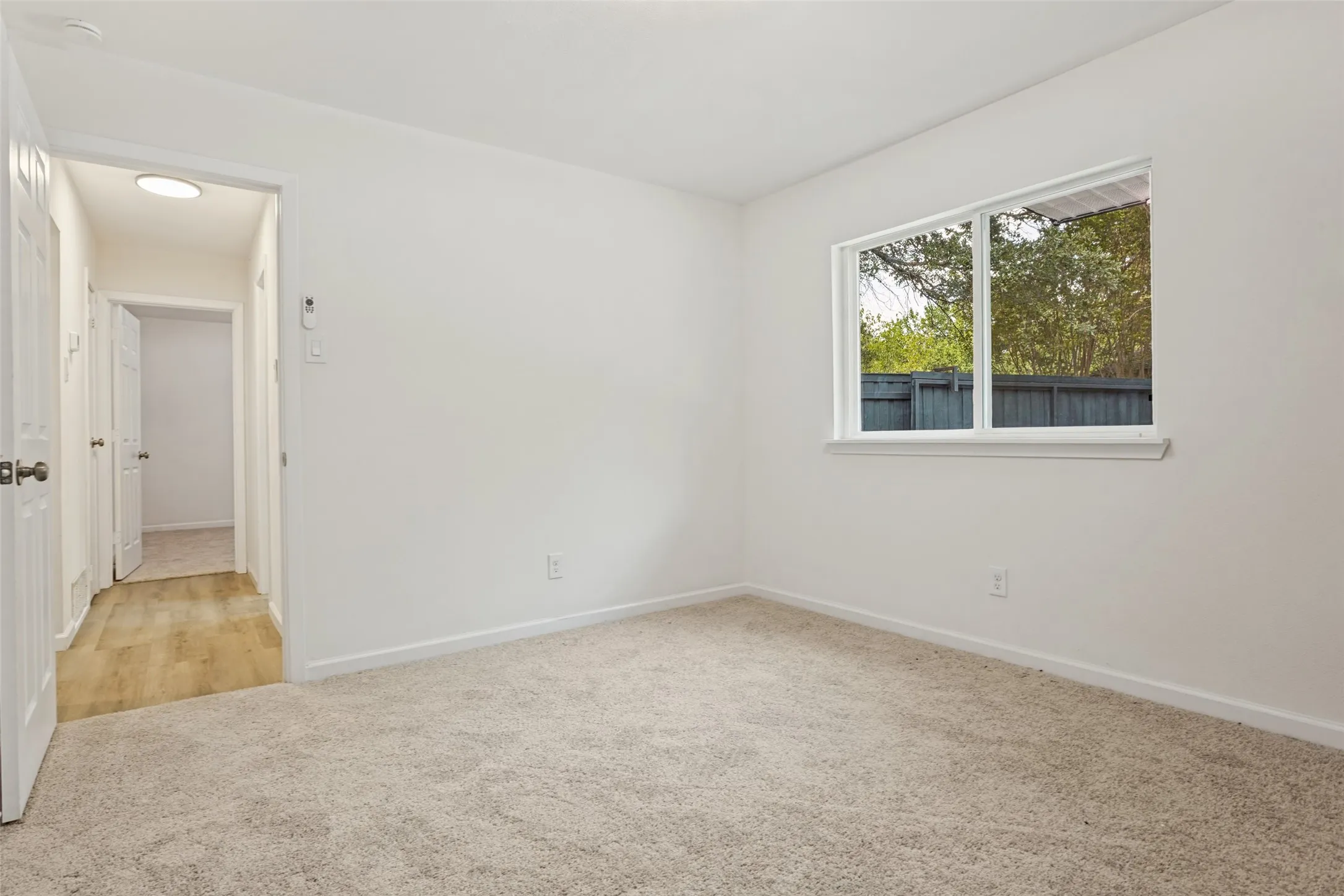 Neutral carpeting and white walls