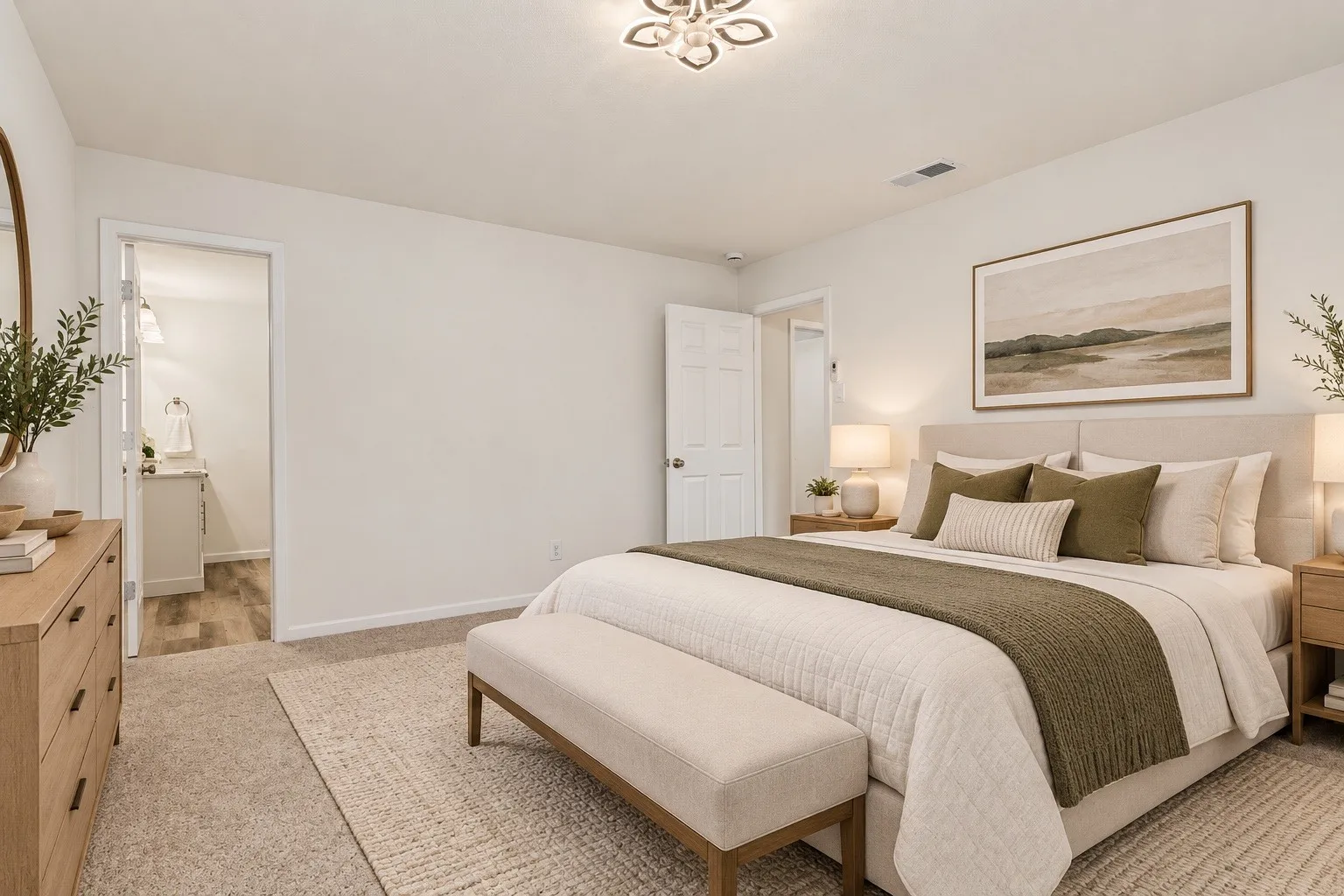 Plush carpeting, flush-mount ceiling light fixture, and a built-in recessed light