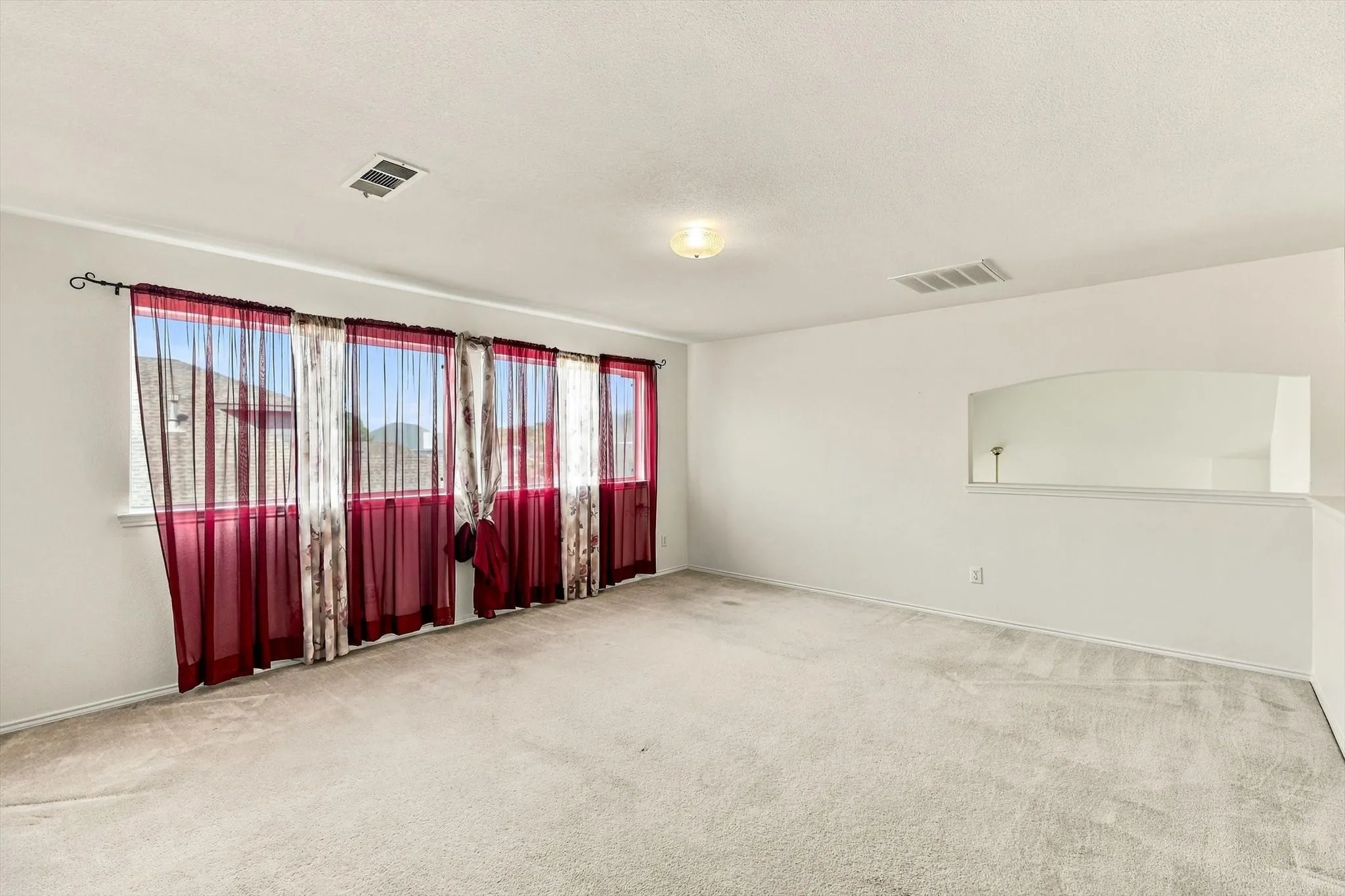 Expansive room featuring light-toned carpet flooring, a large window with sheers, and an arched wall opening