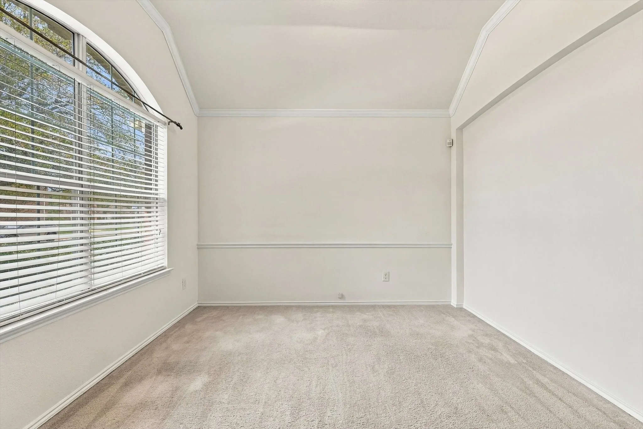 Arched window with blinds, vaulted ceiling, crown molding, chair rail molding, and neutral carpeting