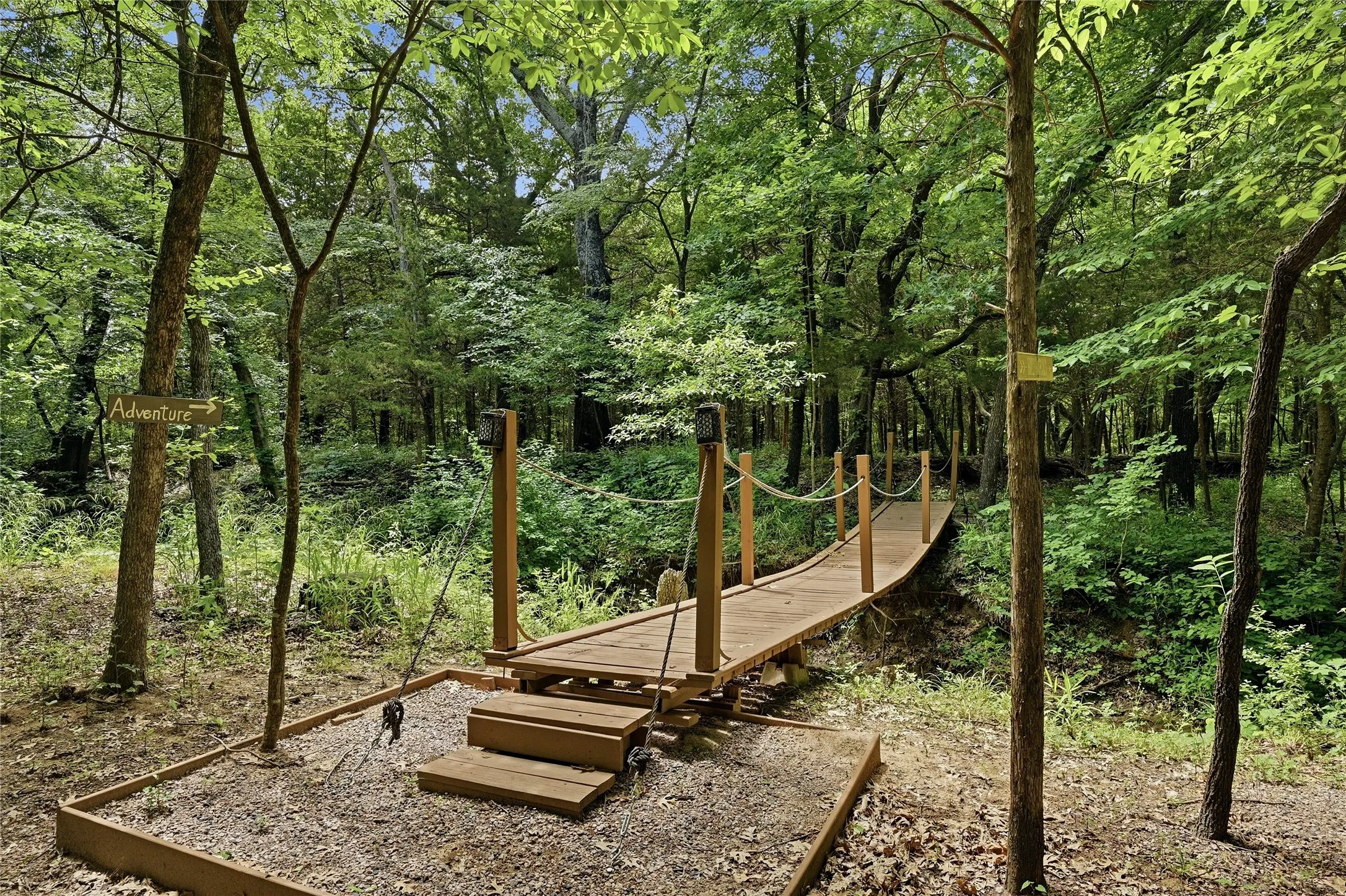 Wood suspension bridge with rope railings, set amidst mature trees