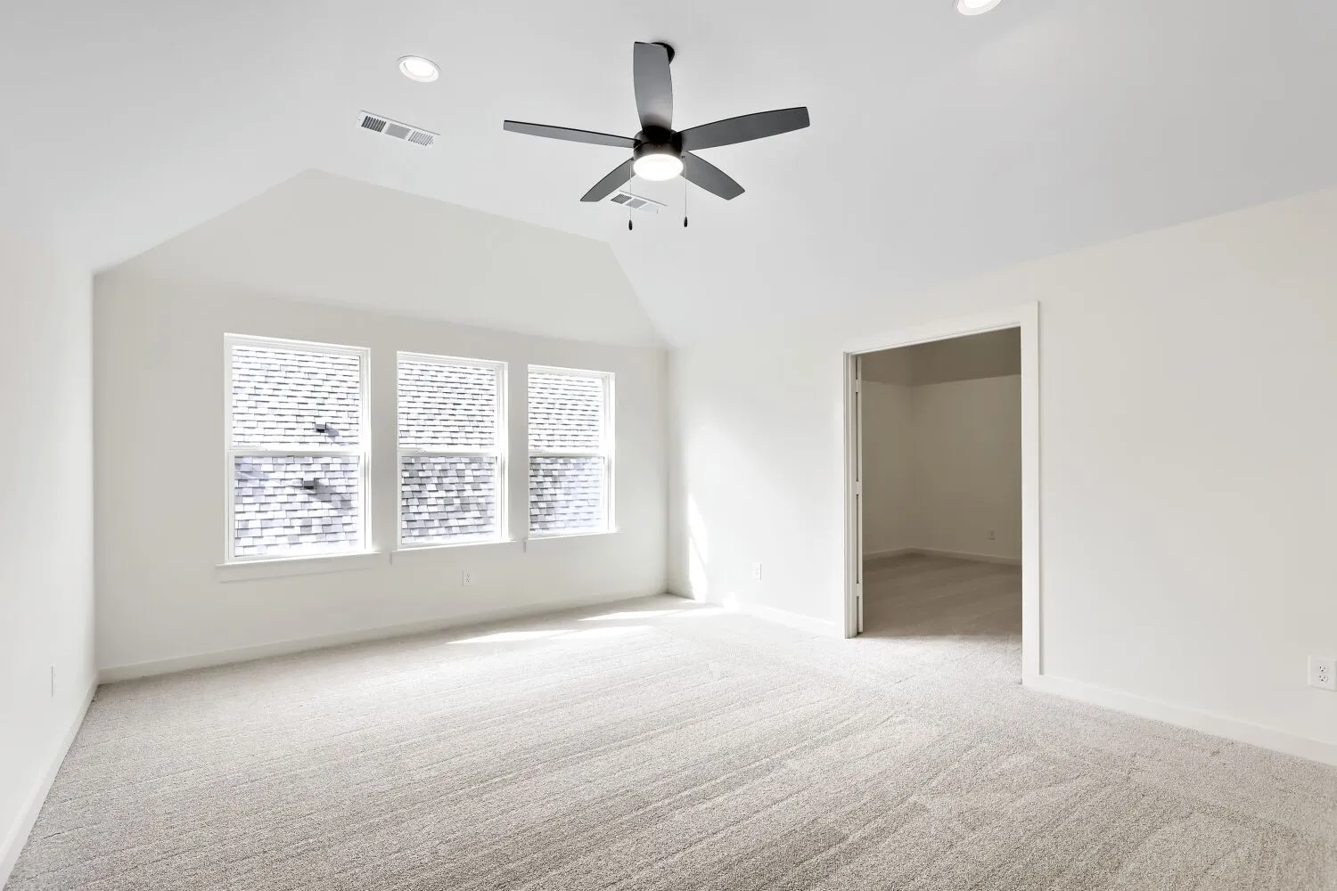 Vaulted ceiling, recessed lighting, ceiling fan, triple windows, and plush carpeting