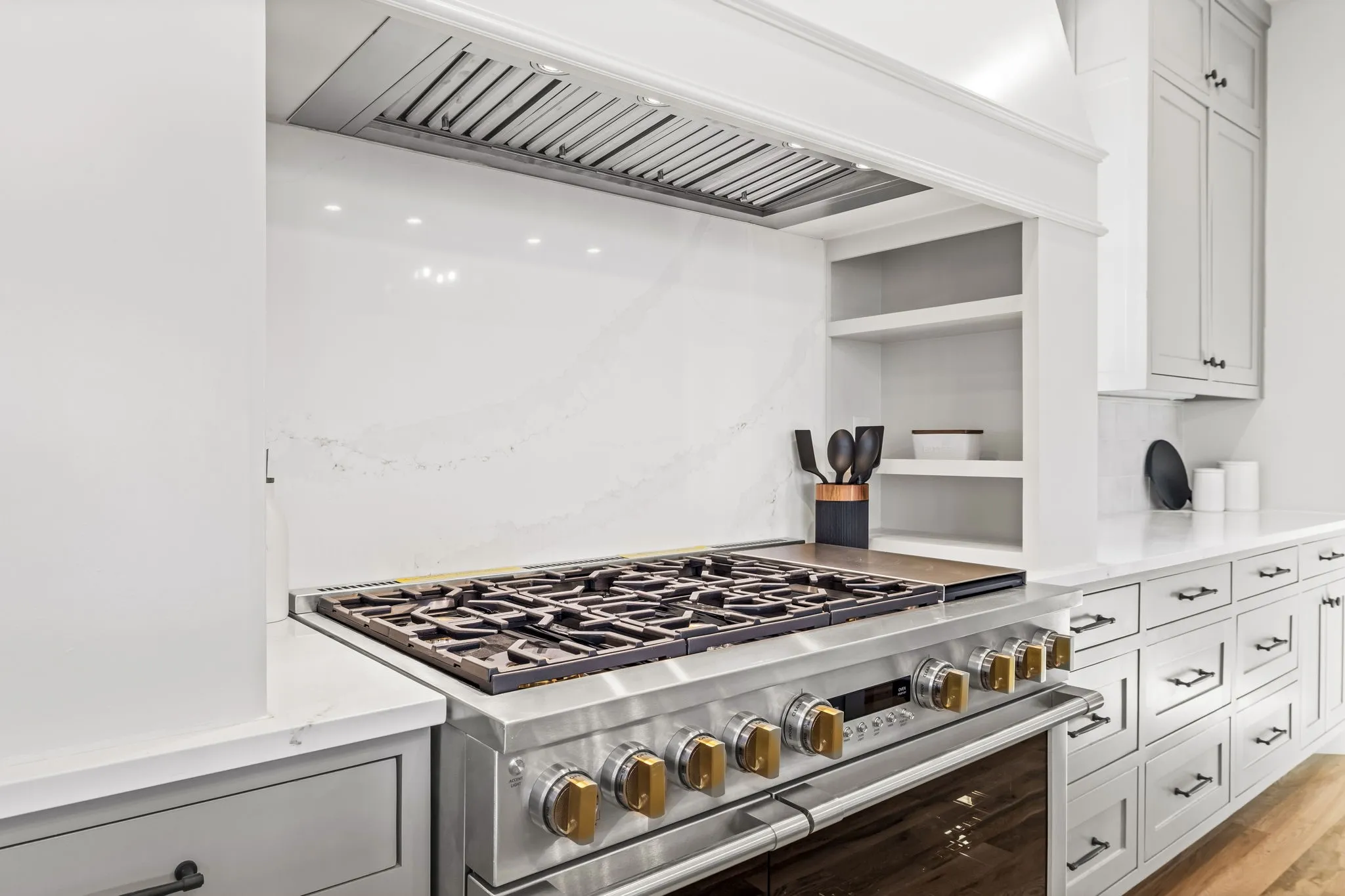 48" Cafe Range with Custom Built In Spice Rack