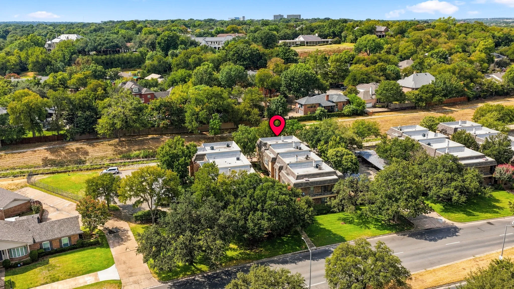 Bellaire on right, greenbelt, creek, Trinity Trails,  along left